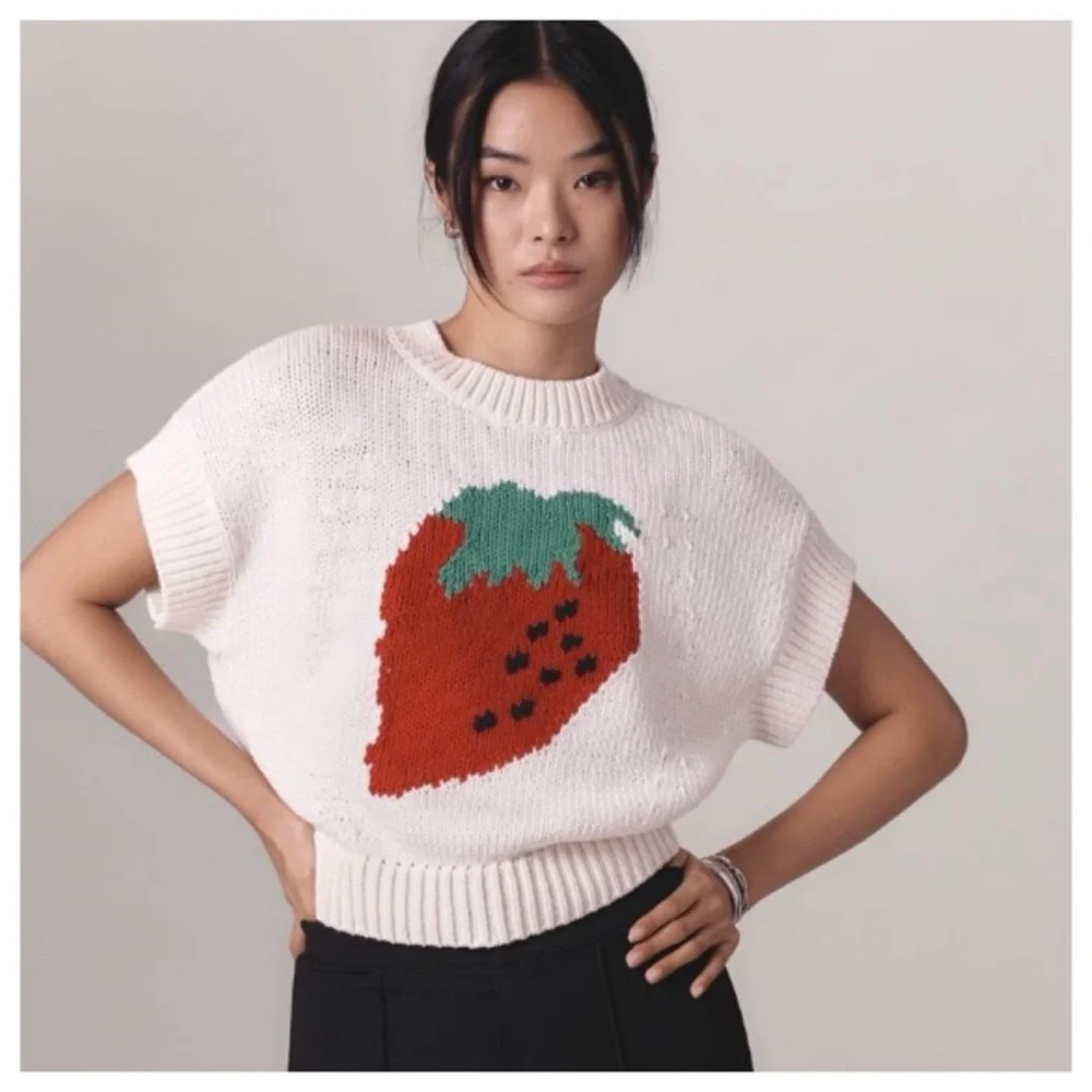 NWT Anthropologie Maeve The Pippa Crew-Neck Strawberry Sweater Cap-Sleeve XL - Picture 2 of 14